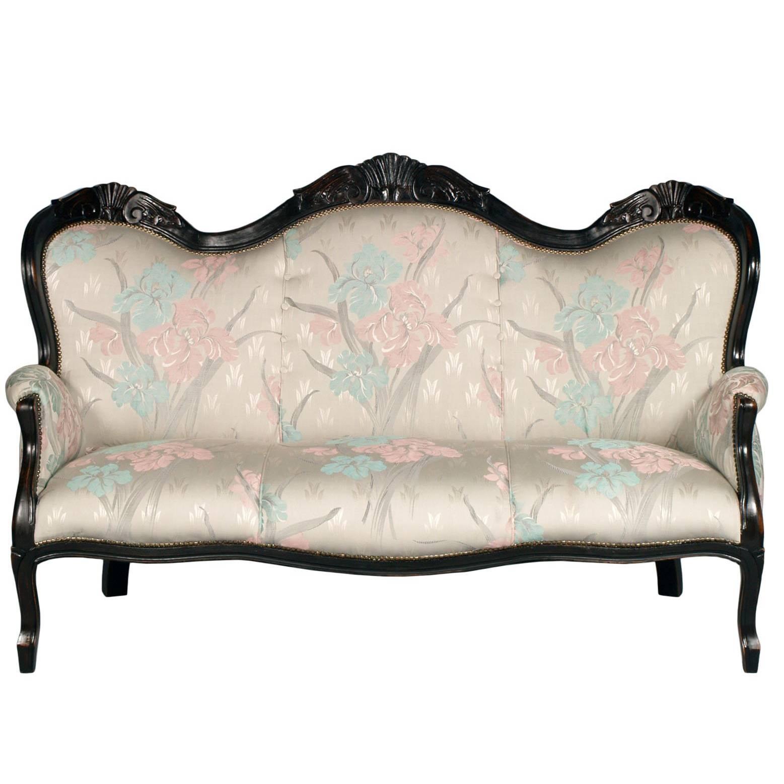 19th Century Italian Baroque Sofa, ebonized hand-carved walnut upholstery 2000s For Sale