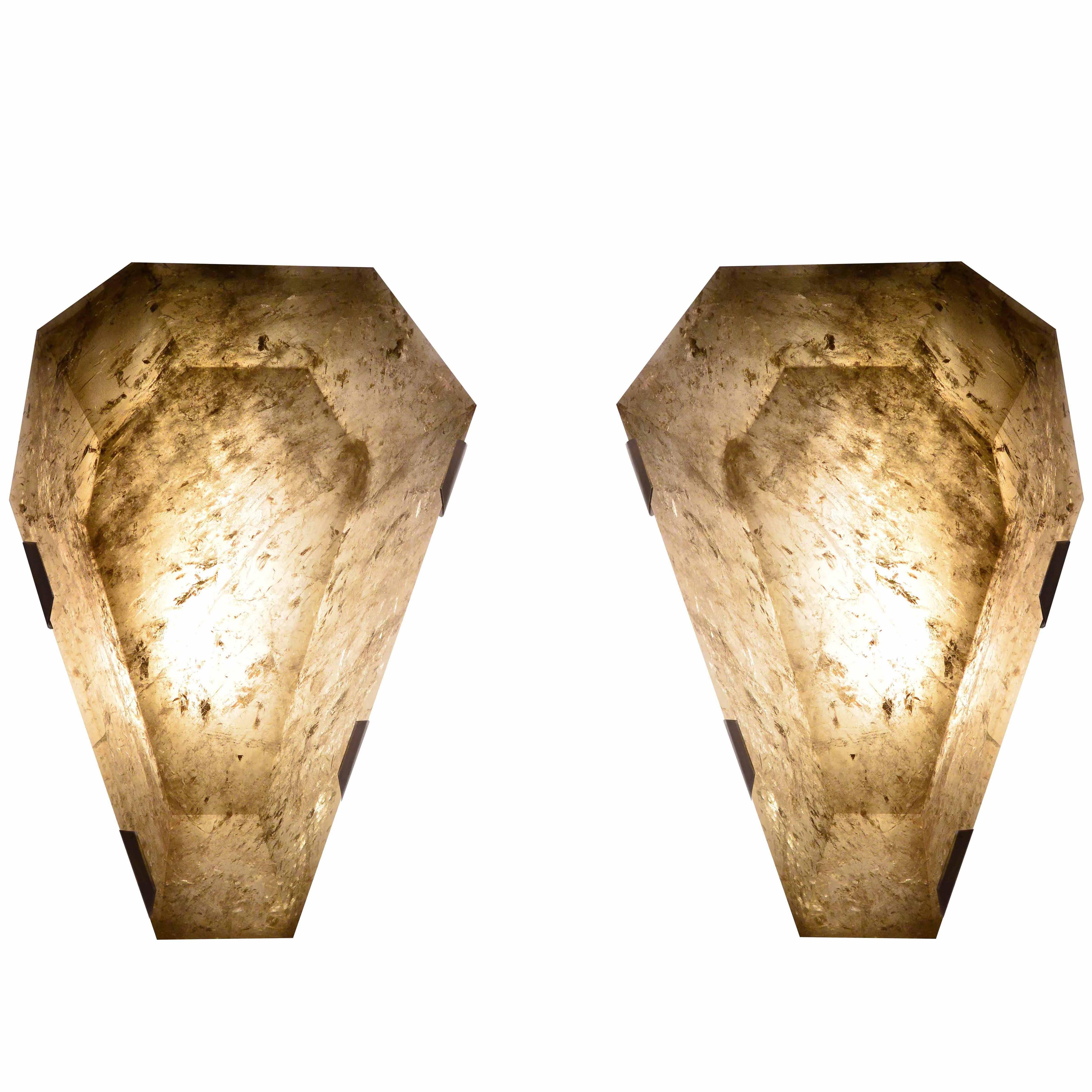 Pair of Diamond Form Smoky Brown Rock Crystal Sconces