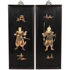 Pair of Extraordinary Large Chinese Hard Stone Plaques with Warriors