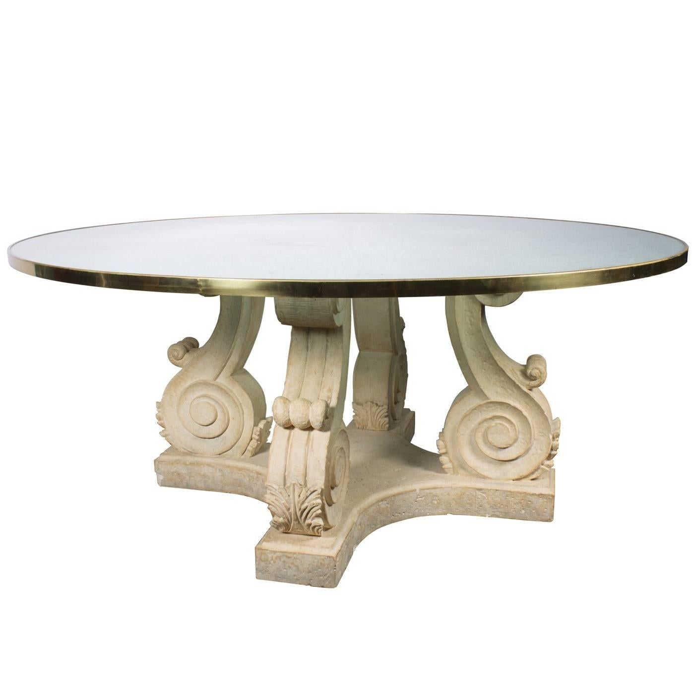 Steve Chase Round Crackled Glass Top Table with Carved Solid Stone Base
