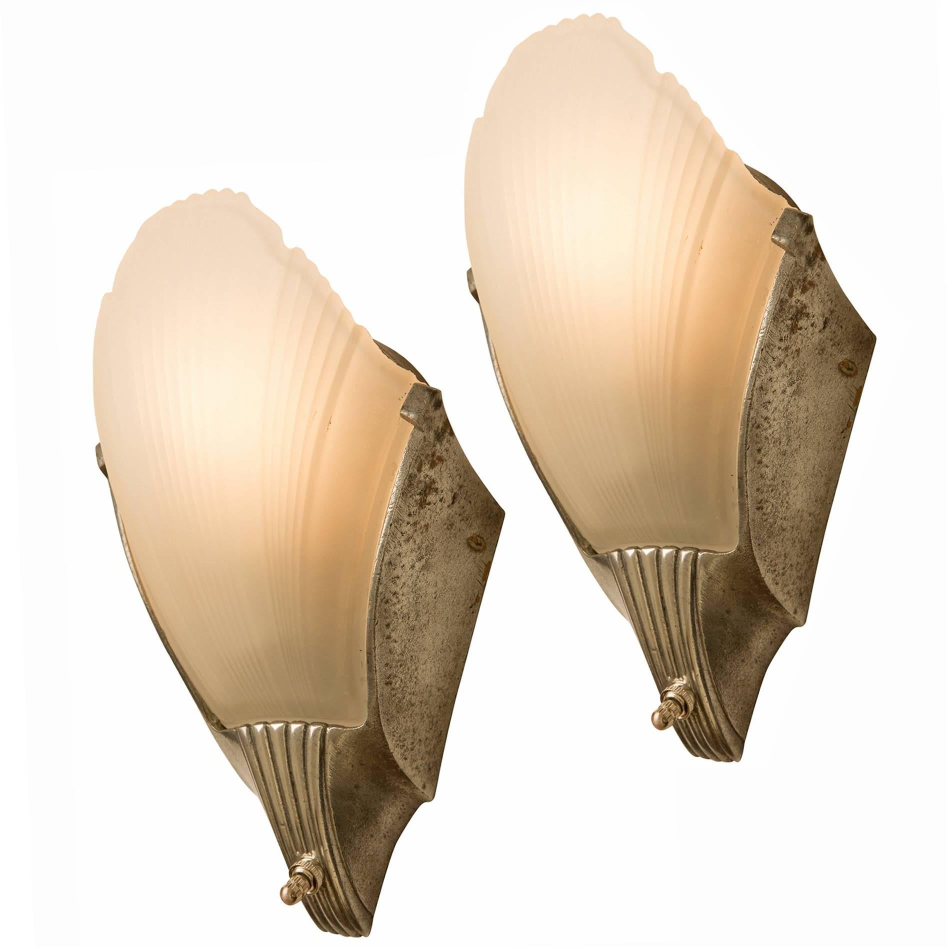 Pair of Cast Aluminium Slipper Shade Sconces, circa 1935