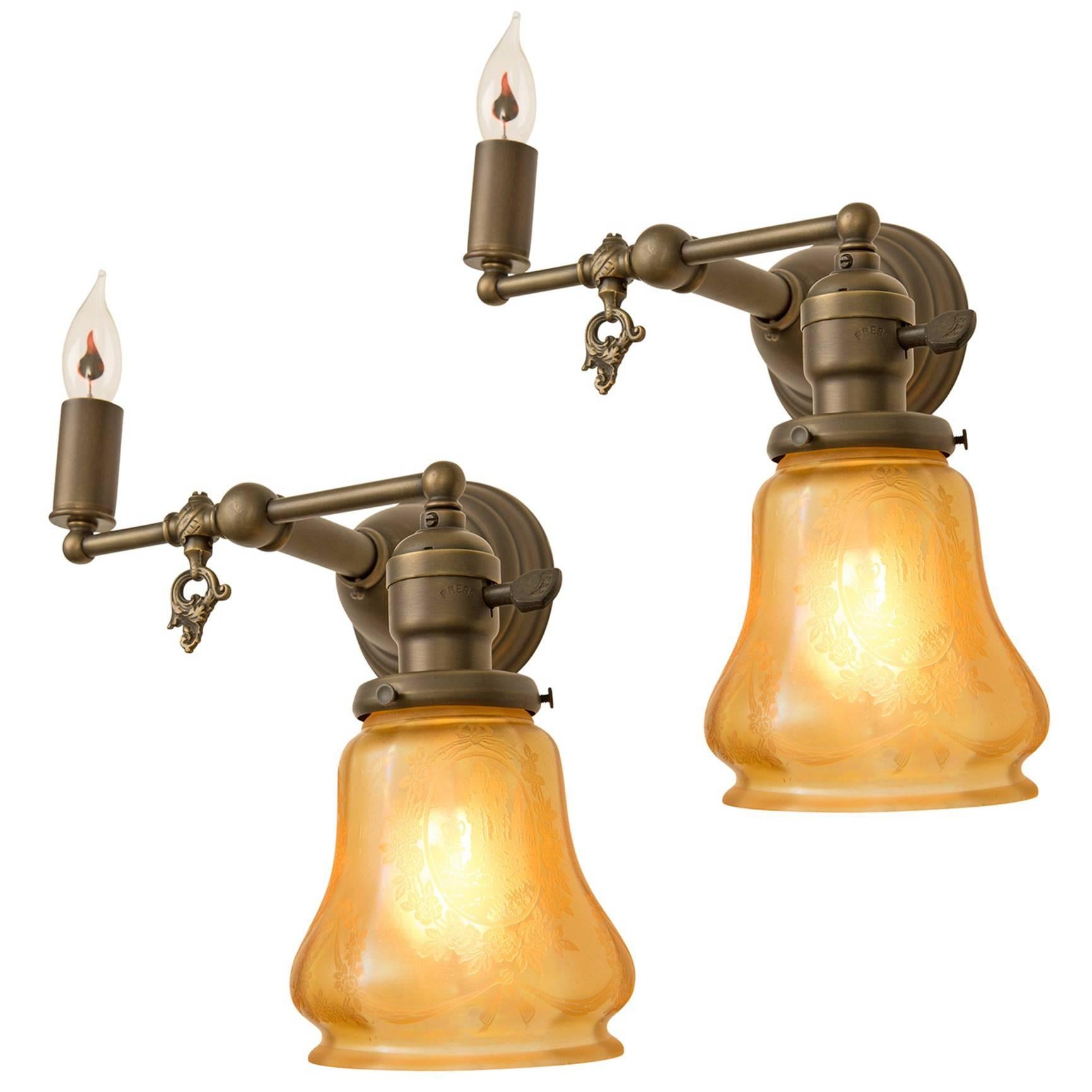 Pair of Gas-Electric Sconces with Iridized Amber Shades, circa 1905