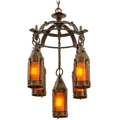 Antique Wrought Iron Arts & Crafts Chandelier with Mica Lanterns, circa 1915