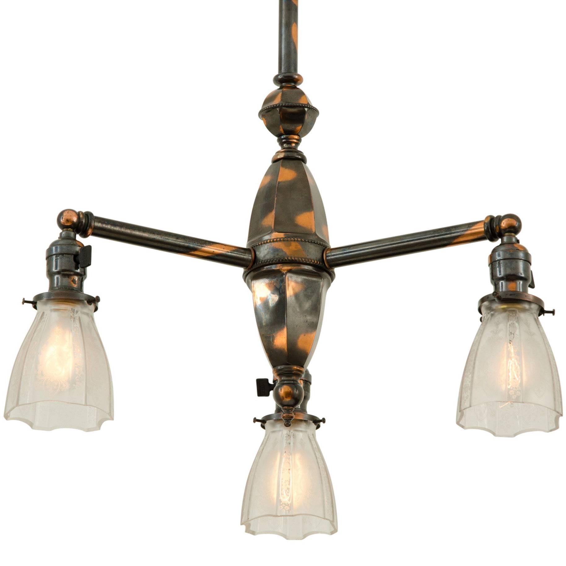 Japanned Copper Three-Light Chandelier by Beardslee, circa 1905 For Sale