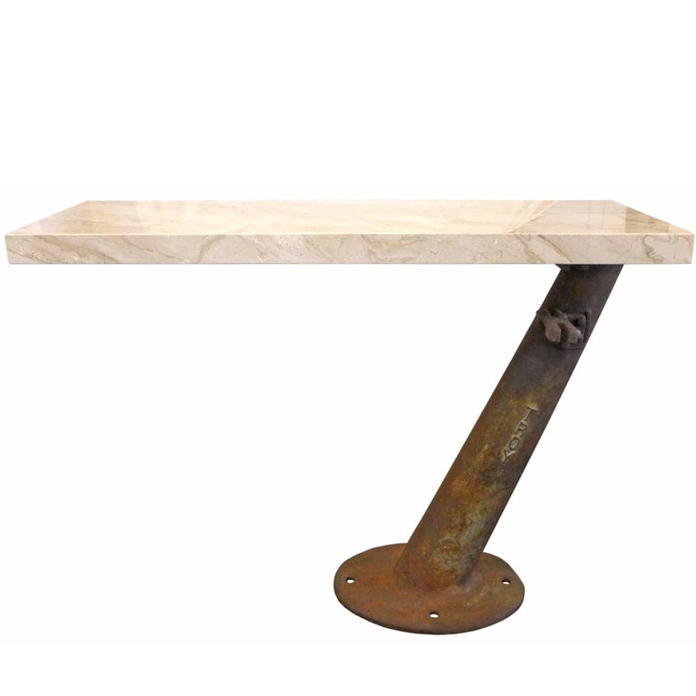 Cantilevered Travertine and Cast Iron Console