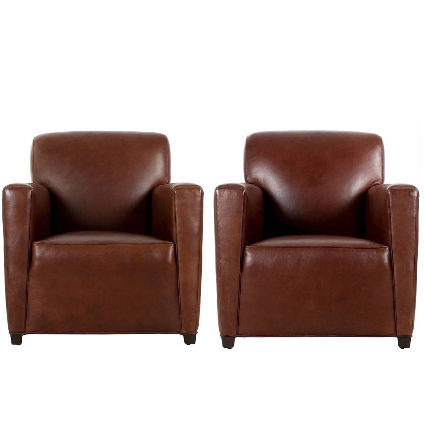 Pair of Coach Inc. Brown Leather Club Chairs in the Art Deco Taste