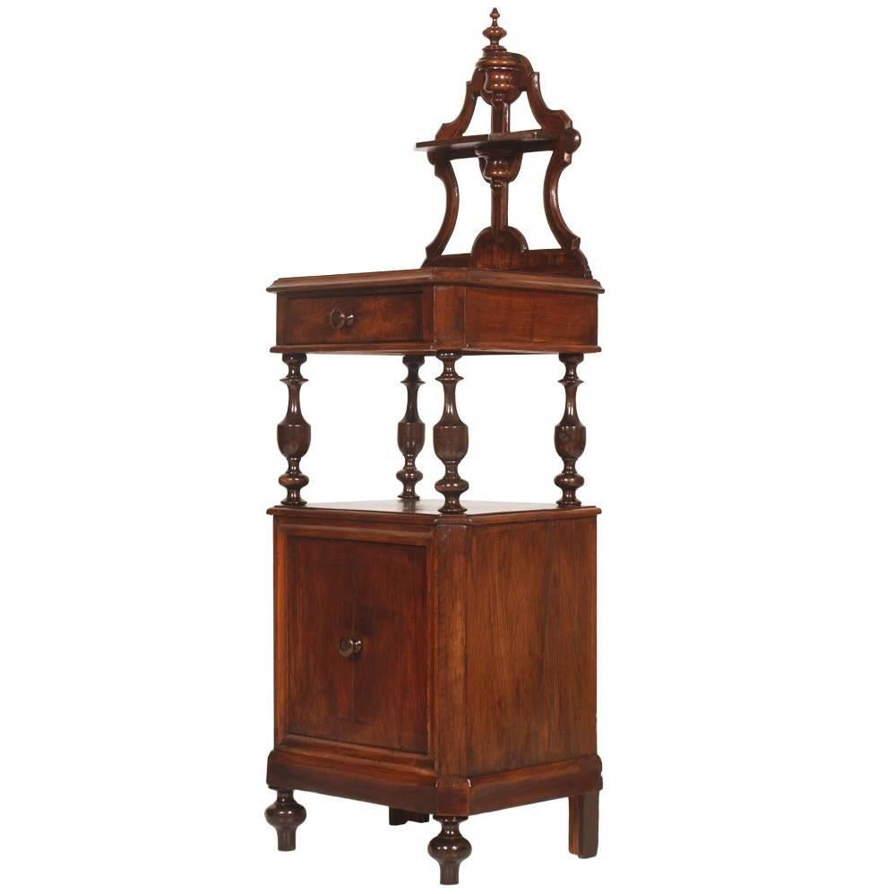 Italy Mid-19th Century Night Stand Louis Philippe in Walnut Turned, Hand-Carved For Sale