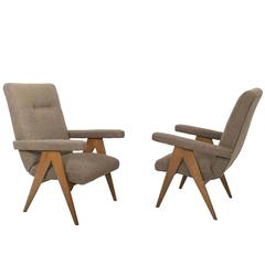 Pair of Walnut and Fabric Reclining Chairs, Italy, 1950s Pair of Walnut and Fabric Reclining Chairs, Italy, 1950s