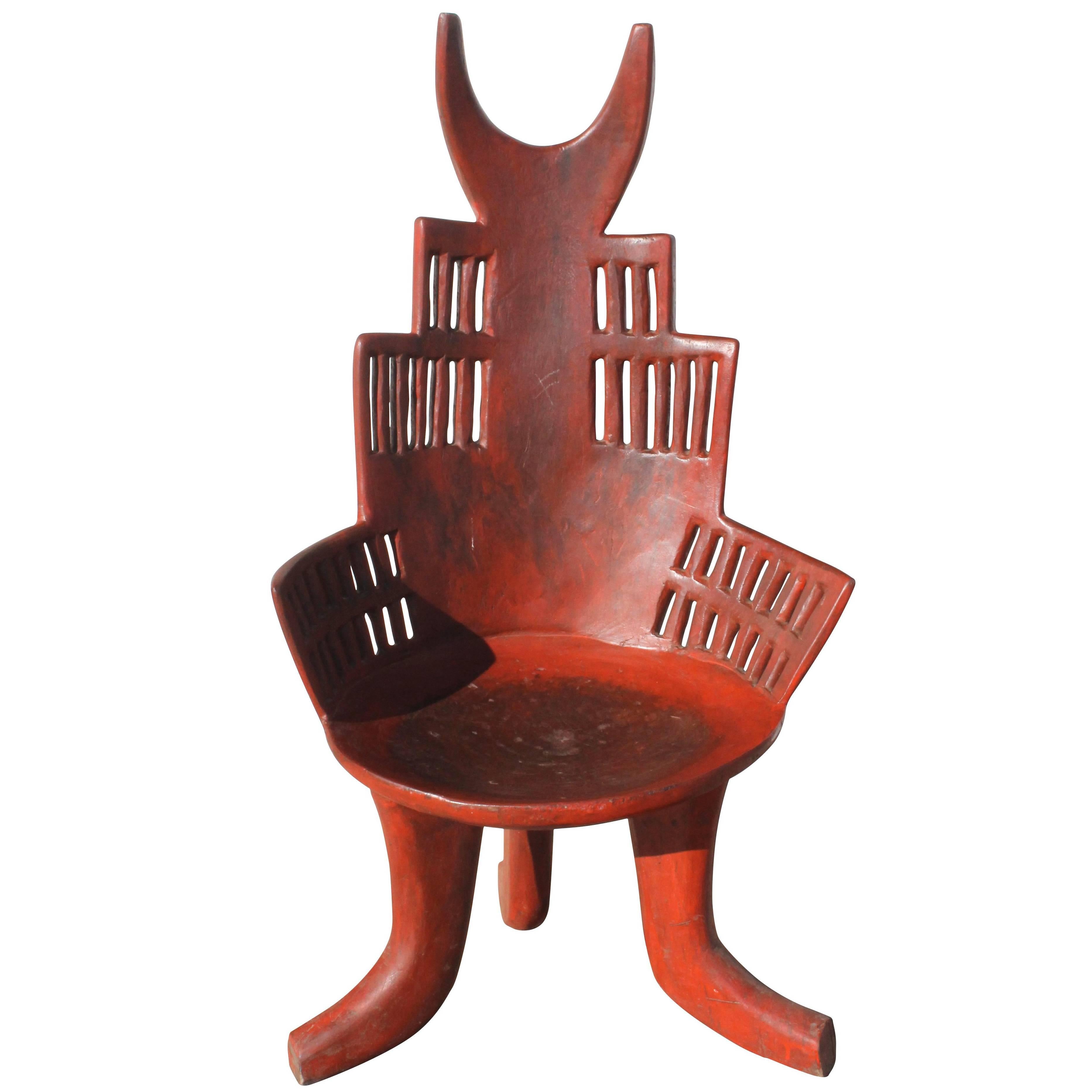 Weathered Red Carved Wood Chair, Ethiopia, 19th Century