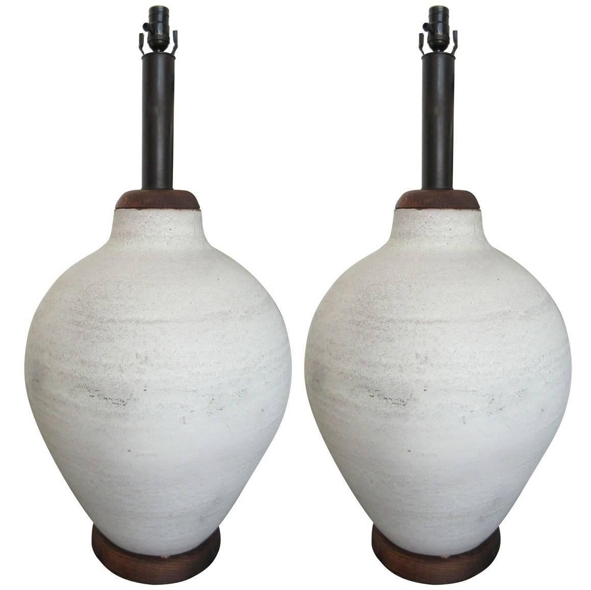 Pair of Gigantic Mid-Century Modern Pottery Lamps