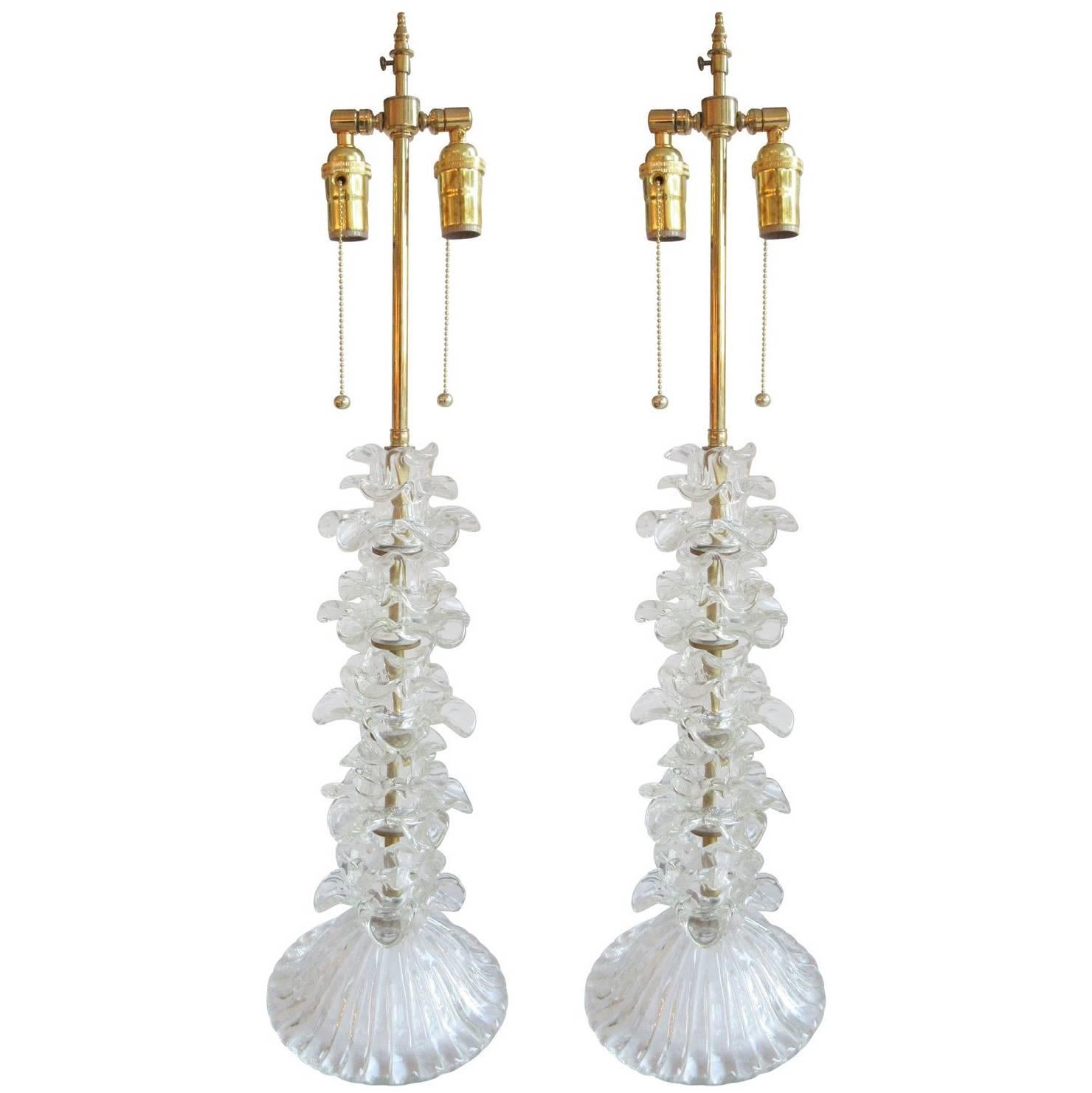 Pair of Clear Murano Glass Flower Lamps For Sale