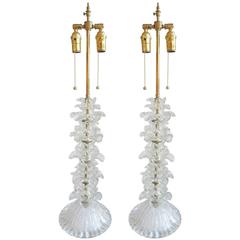 Pair of Clear Murano Glass Flower Lamps