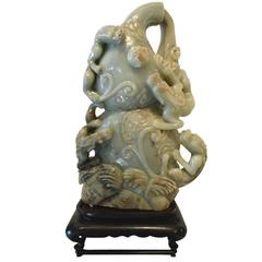 Large Chinese Carved Celadon Gourd with Five Climbing Chilongs/Beasts/Dragons 5