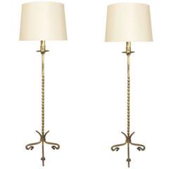 Pair of Gilt Iron Floor Lamps with Tripod Base