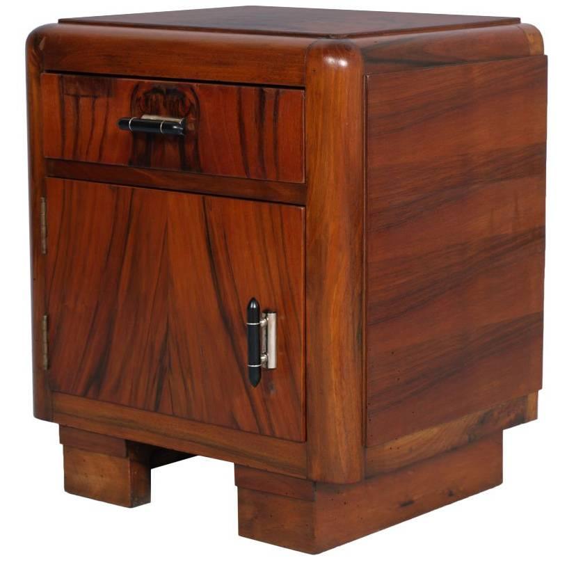 1930s Italian Art Deco Walnut and Walnut Applied Bedside Nightstand Cabinet