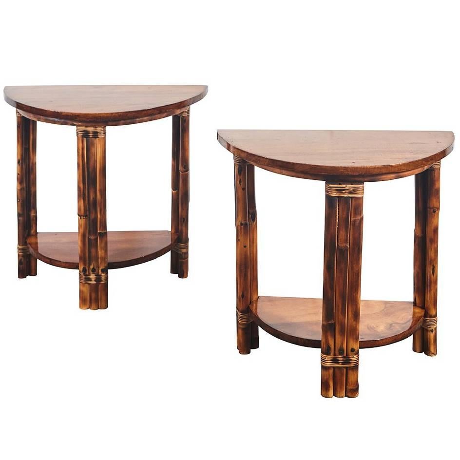 Pair of Walnut and Rattan Demilune Tables