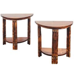 Vintage Pair of Walnut and Rattan Demilune Tables