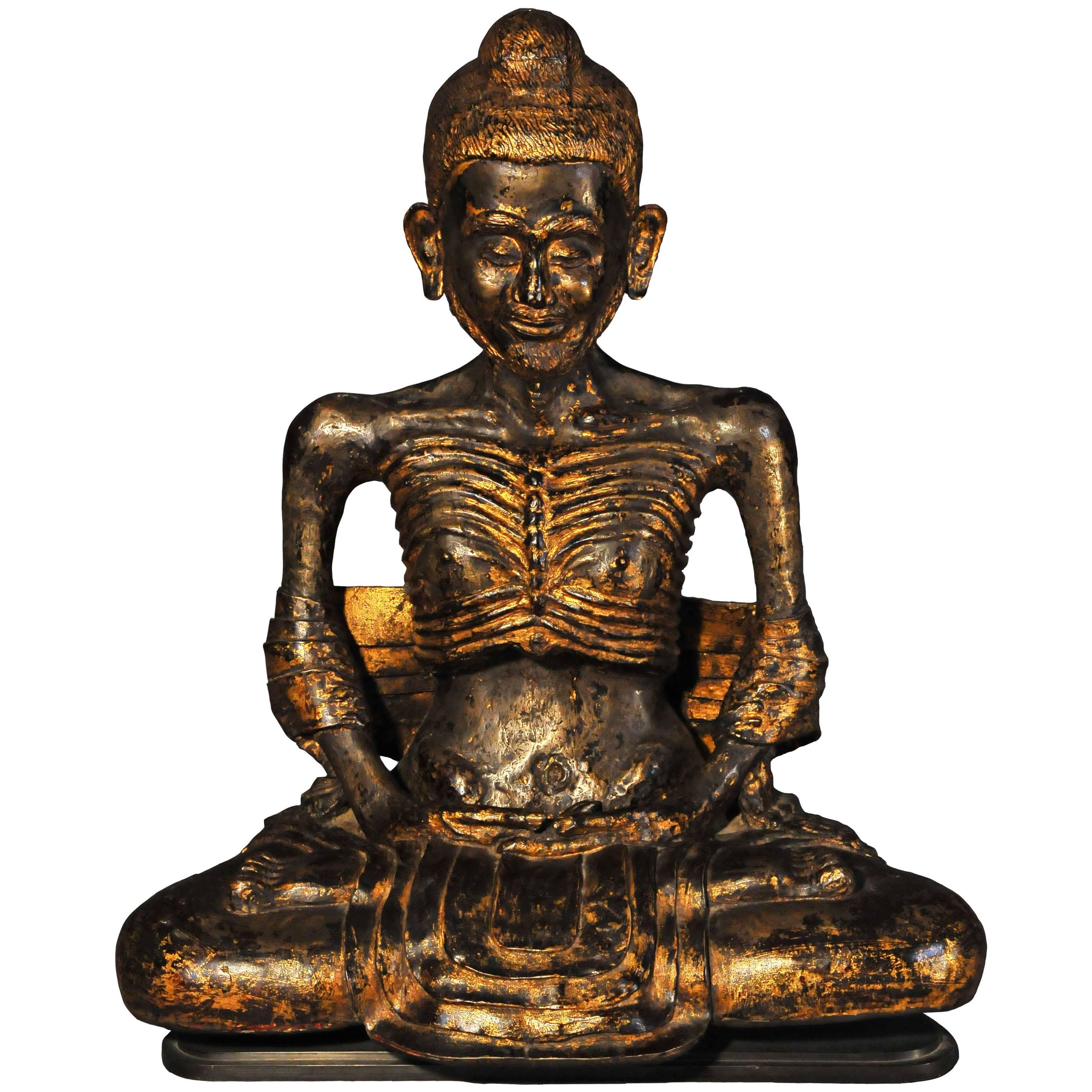 Early 18th Century, Gilt Bronze Vajrasana Fasting Buddha in Dhyana Mudra, Thai For Sale