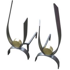 Donald Deskey Style Nickel and Brass Fireplace Andirons 8