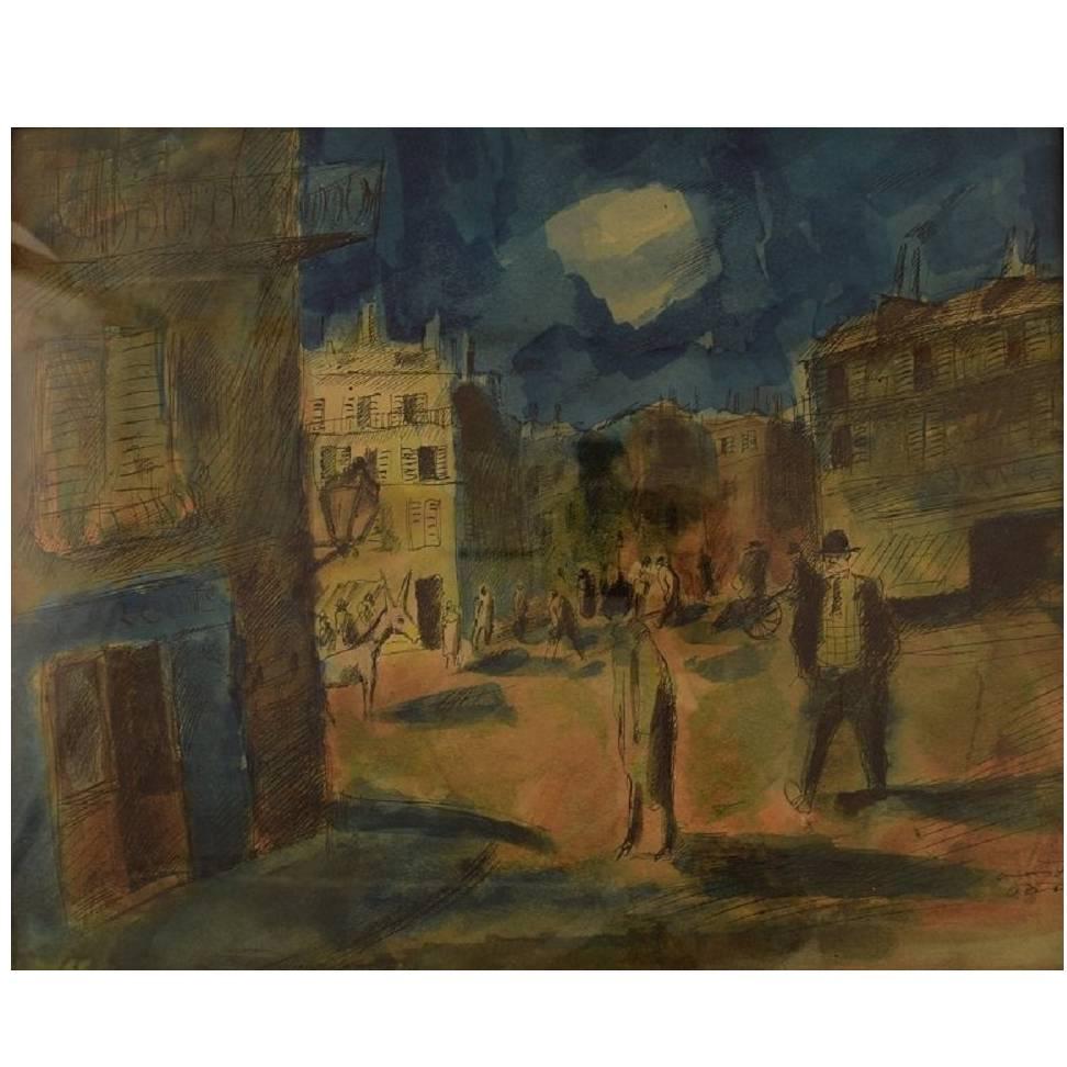 Mogens Vantore "Scenery from Paris", Crayon, Pencil and Watercolor on Paper For Sale