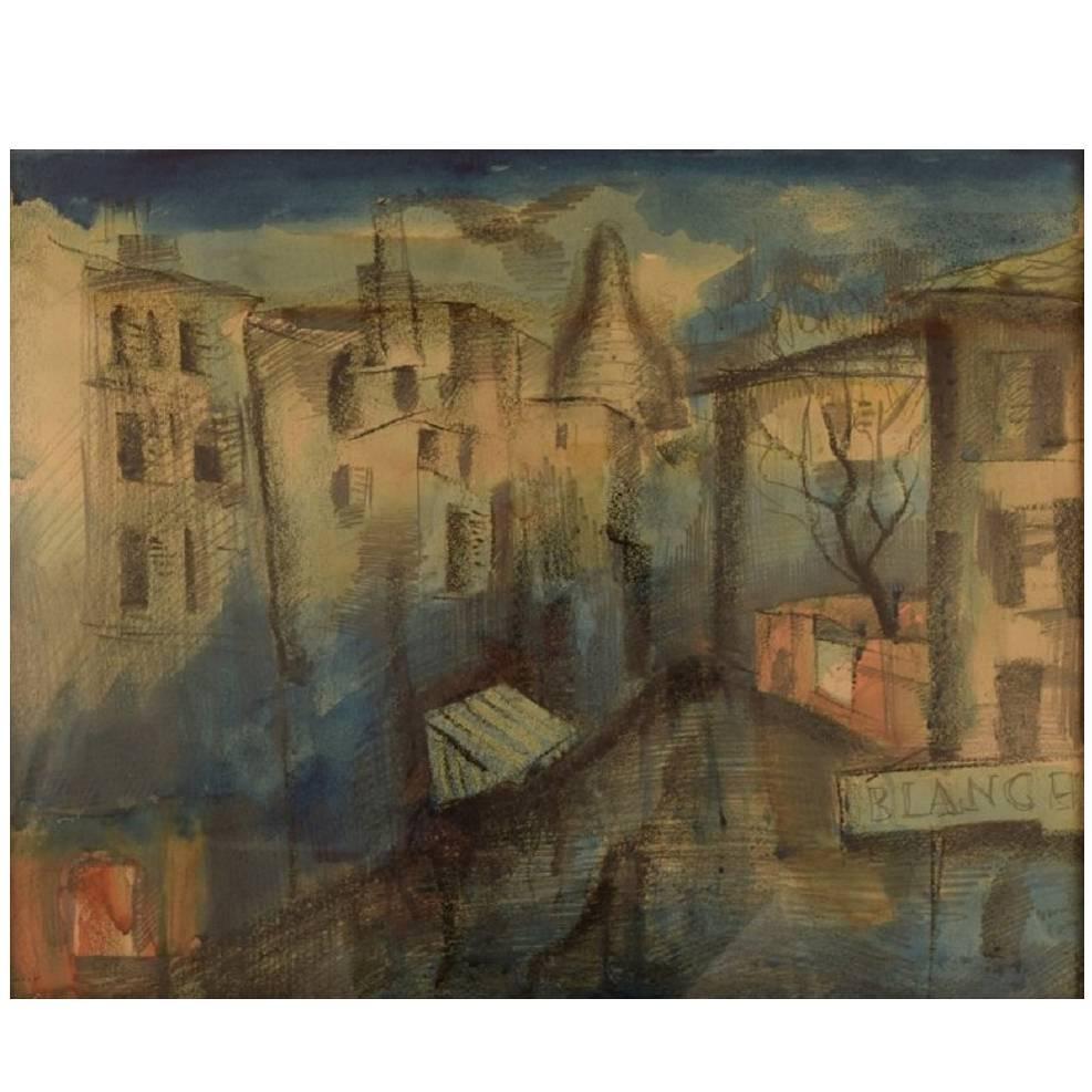 Mogens Vantore: Scenery from Paris Crayon, Pencil and Watercolor on Paper For Sale