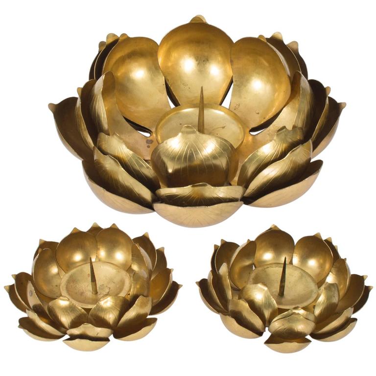 Brass Lotus Flower Candleholders, Set of Three at 1stDibs lotus brass
