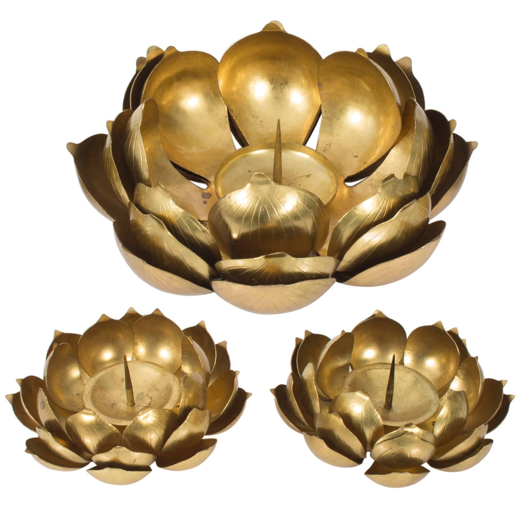 Brass Lotus Flower Candleholders, Set of Three
