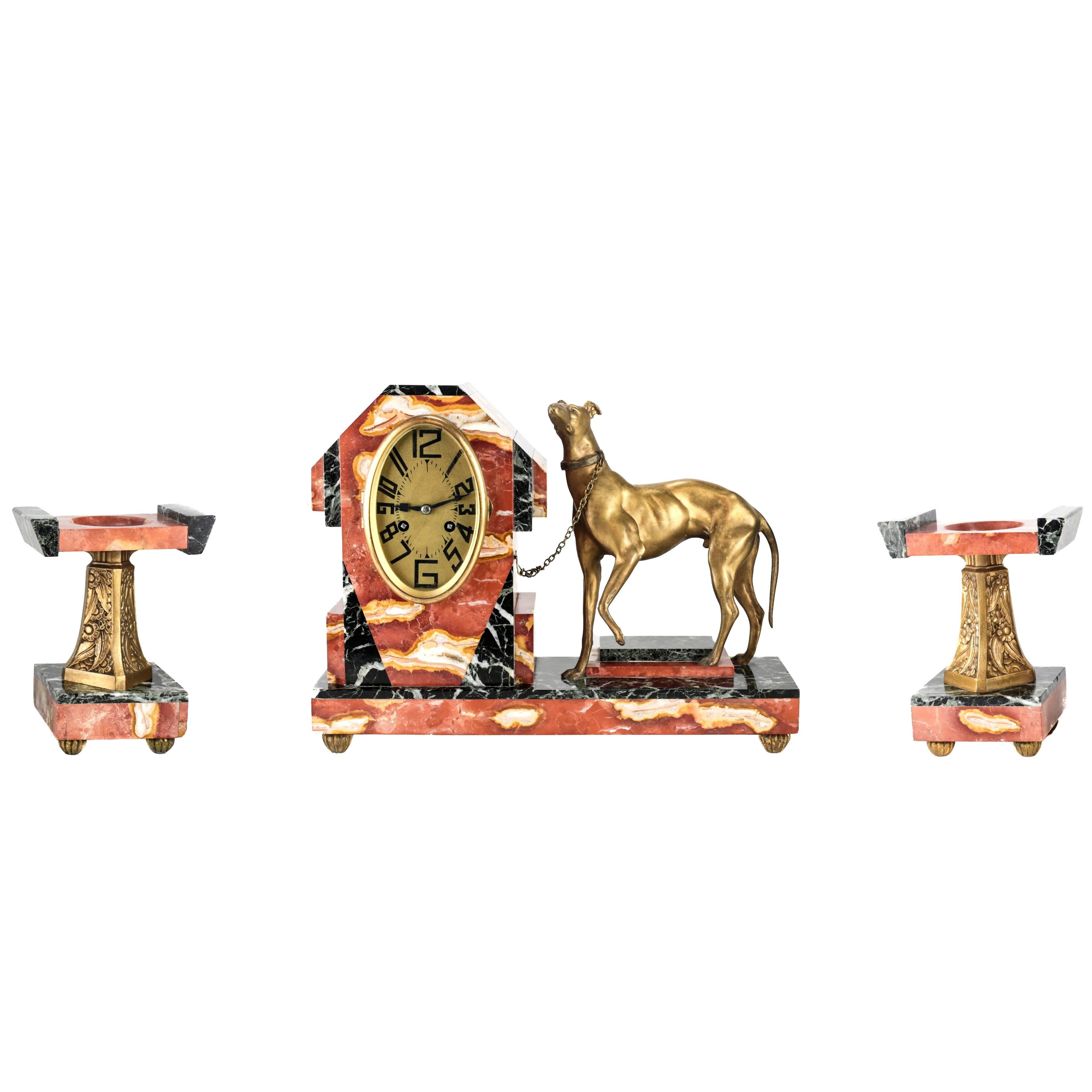 Art Deco Marble and French Bronze Clock Garniture with Greyhound, circa 1920 For Sale