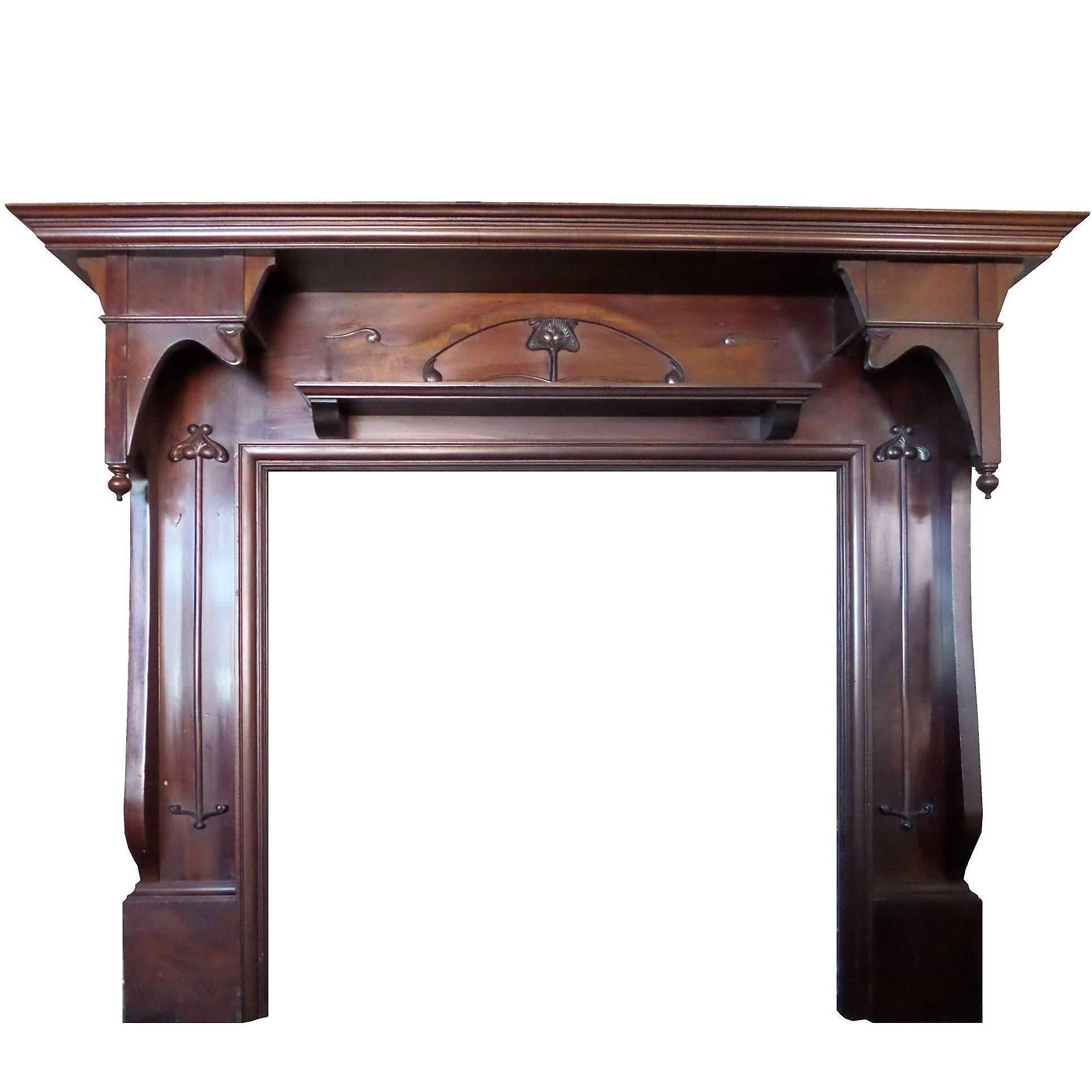 Early 20th Century Art Nouveau Large Mahogany Wood Fireplace Mantel For Sale