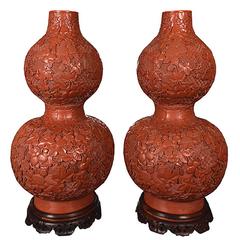 Antique Pair of Chinese Cinnabar Double Gourd Vases