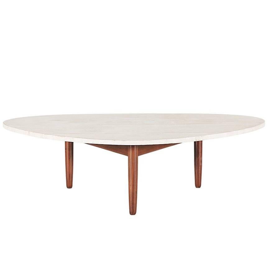 Mid-Century Triangular Travertine Top Coffee Table