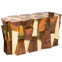 Rare Cityscape Burlwood and Brass Console by Paul Evans for Directional