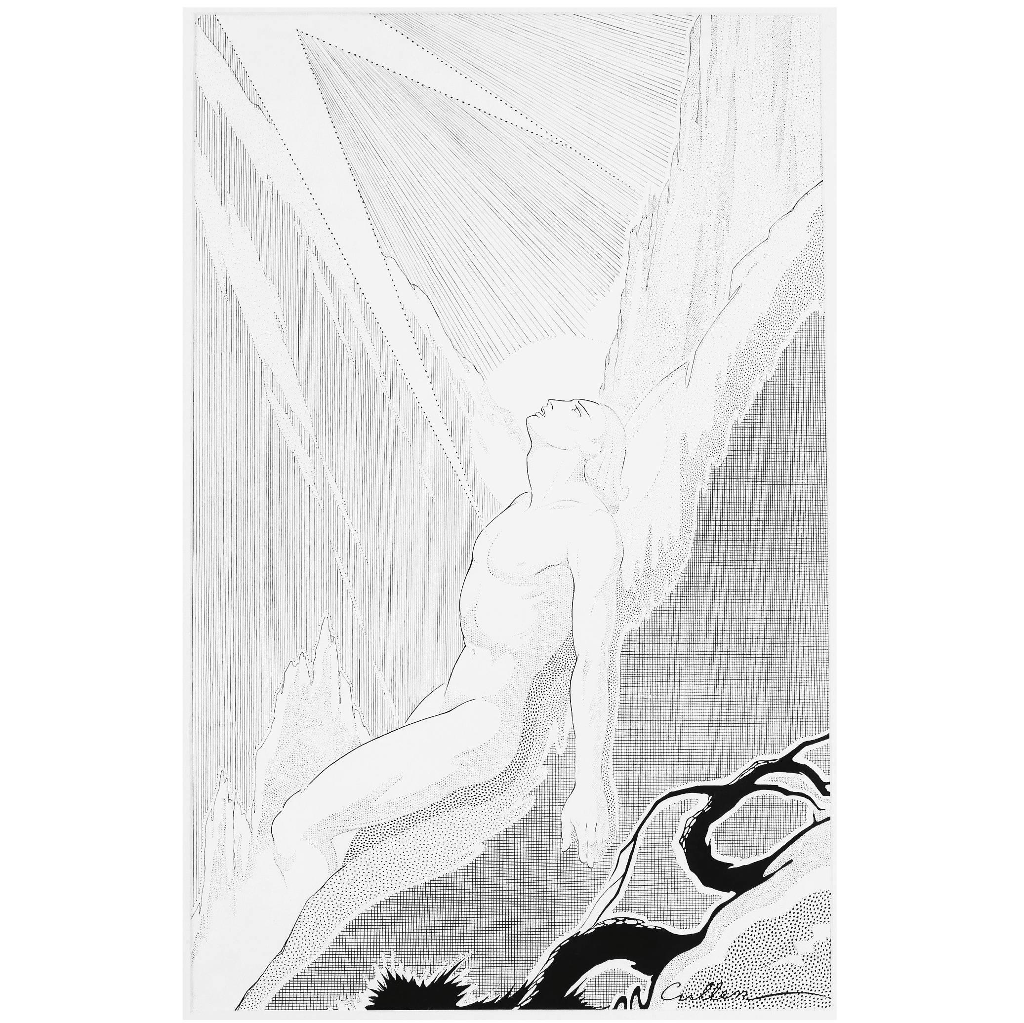 "Guardando verso il cielo", disegno a inchiostro con nudo maschile dell'artista del Rinascimento di Harlem in vendita