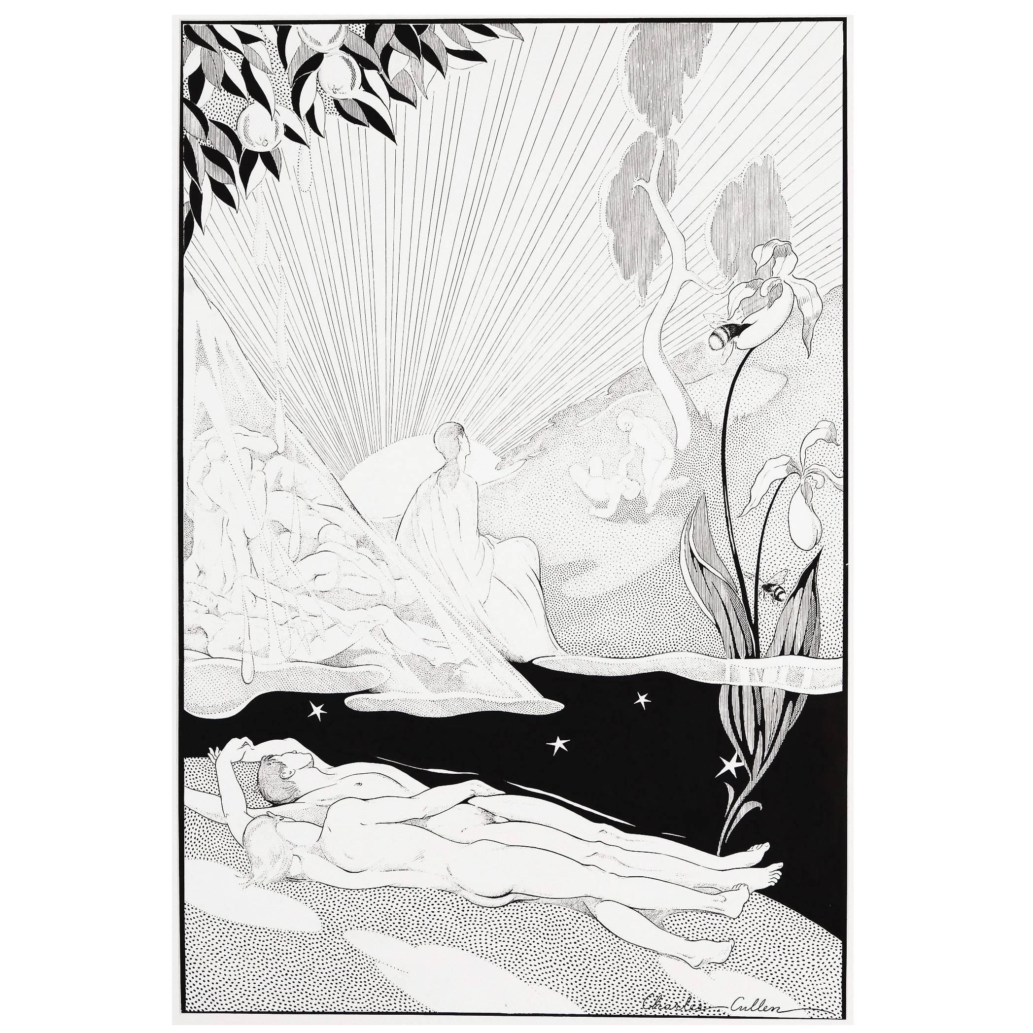 "Paradise Dreamt, " Important Art Deco Drawing with Male Nudes by Cullen