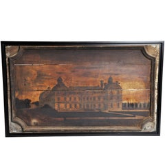 French "Boisserie" Painting of a Chateau on Walnut Wood