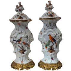 Pair of Aesthetic Painted Porcelain and Bronze Covered Urns with Bird and Flower