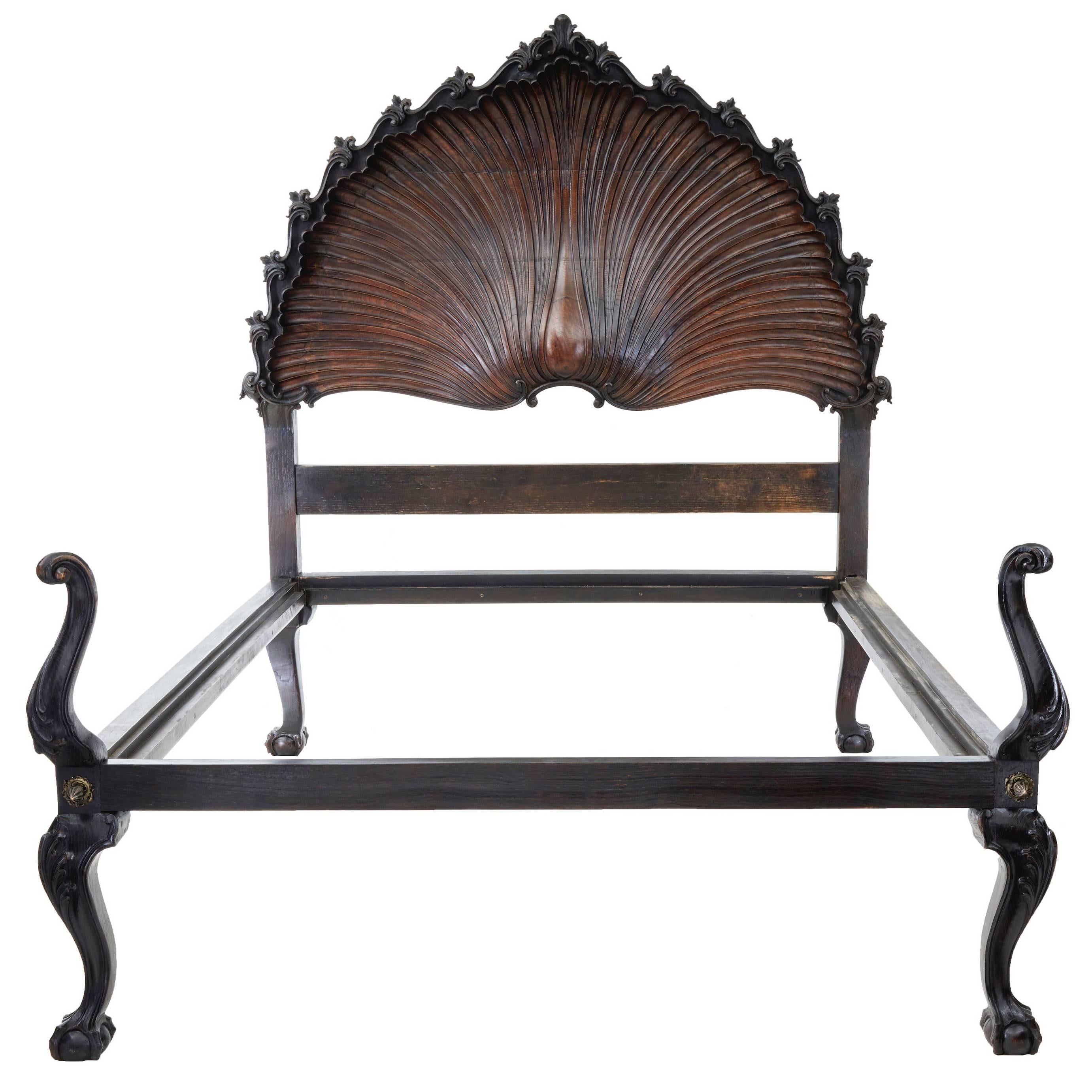 Elegant 1920s Portuguese Carved Oak Double Bed in the Form of a Shell