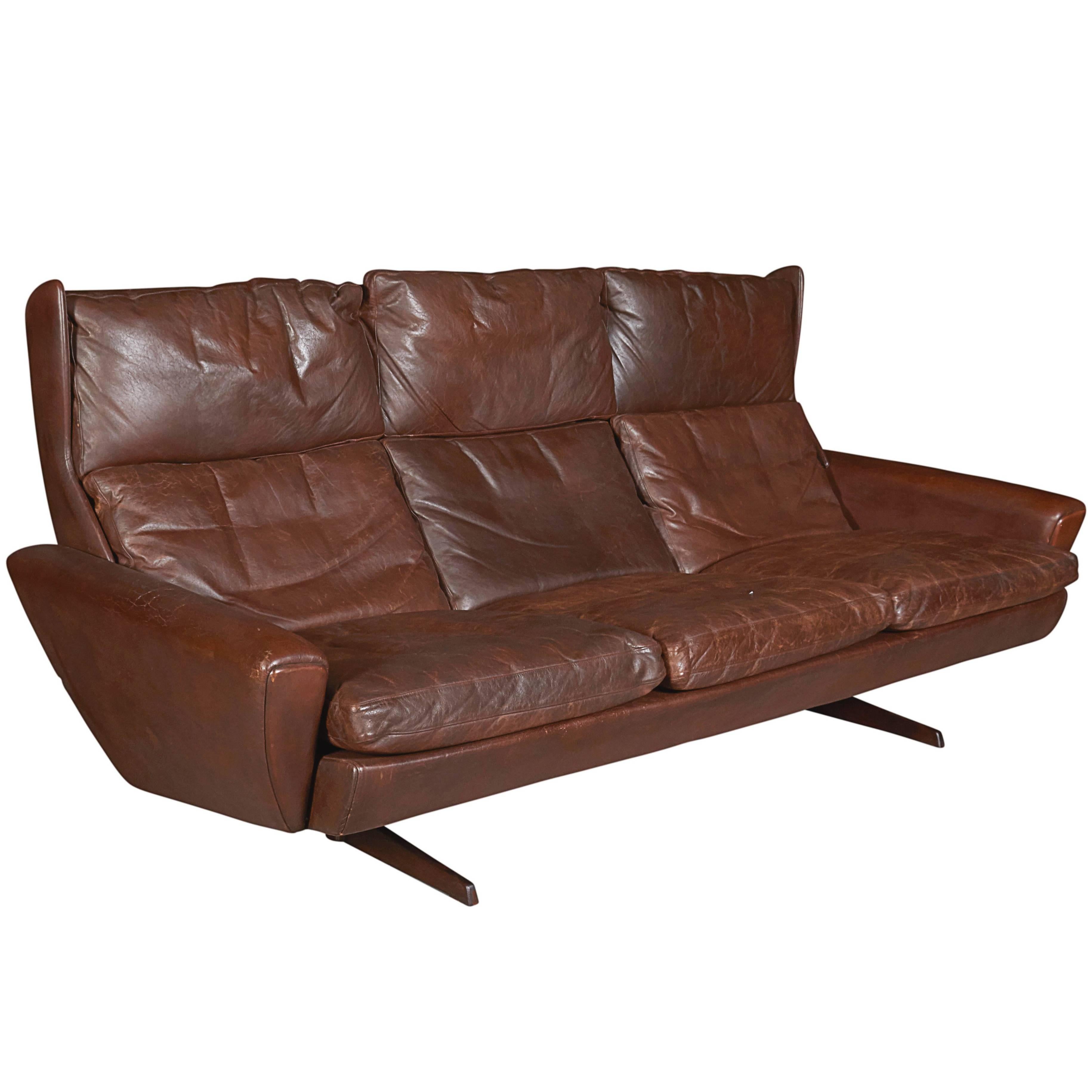 Atomic Brown Leather Sofa by Fredrik Kayser