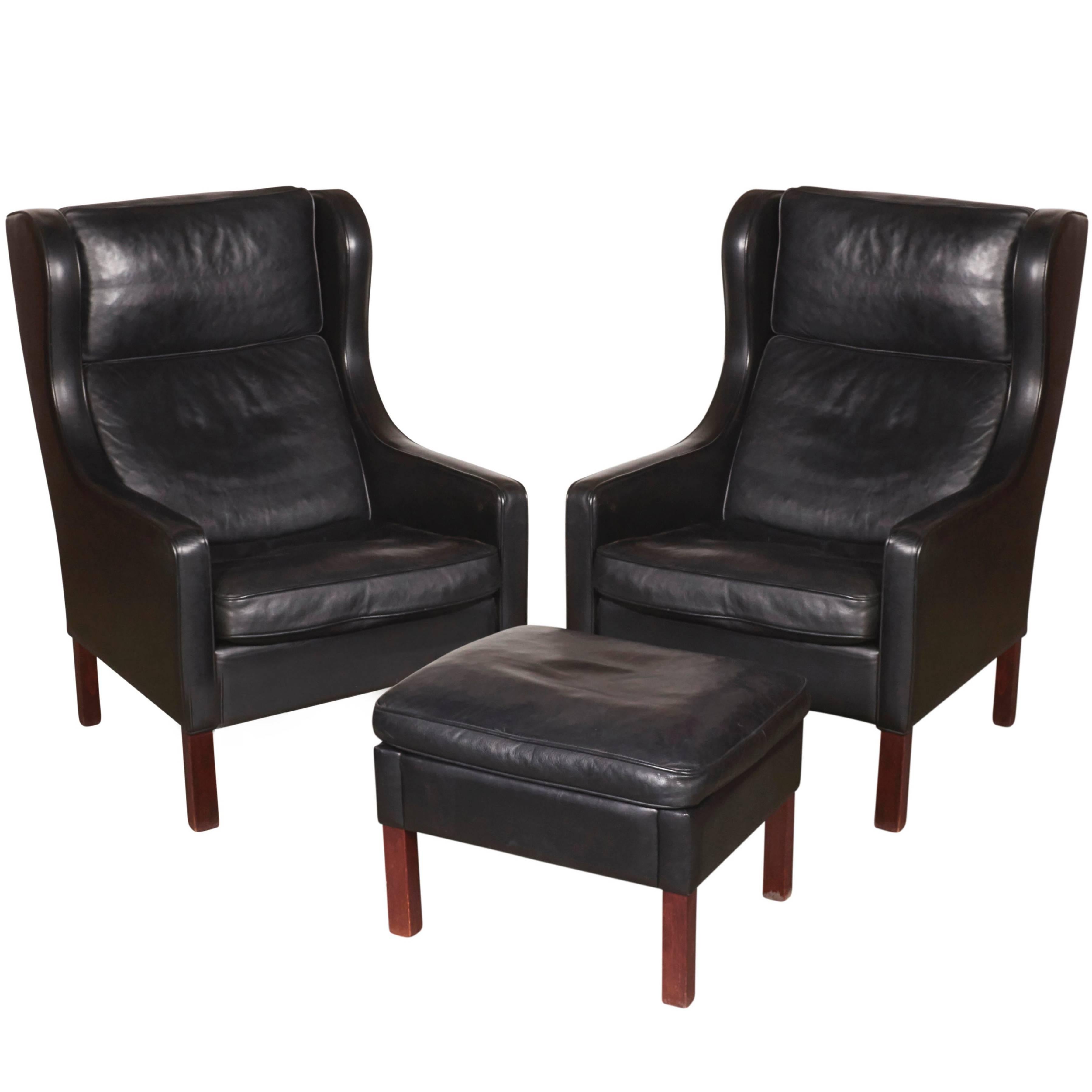 Mid Century Leather Wingback Chairs with Ottoman