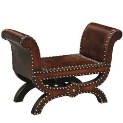 Petite Antique French Leather Stool with Scrolled Arms and Brass Nailheads