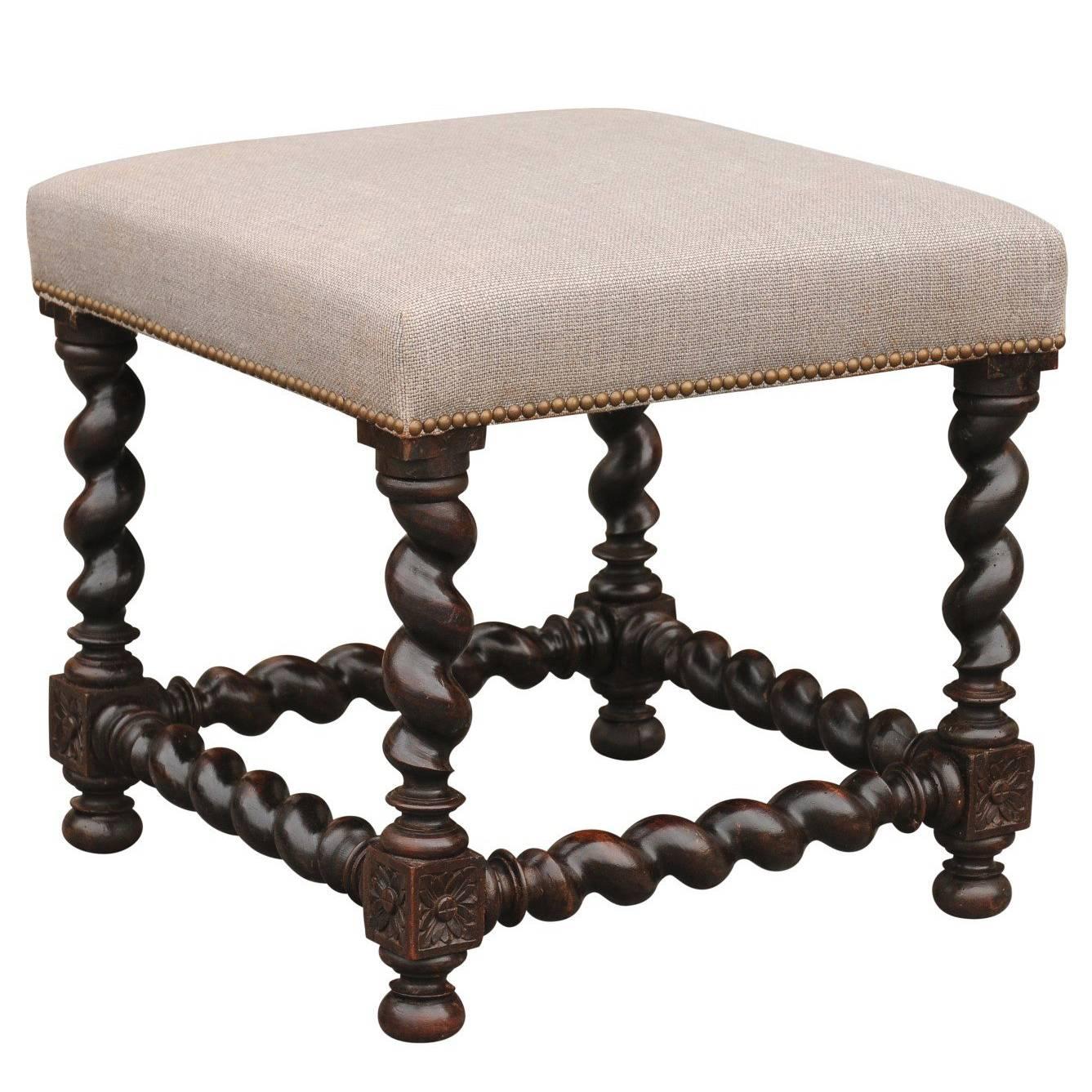 English Barley Twist Upholstered Wooden Stool from the 19th Century