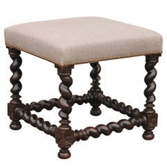 Antique English Barley Twist Upholstered Wooden Stool from the 19th Century