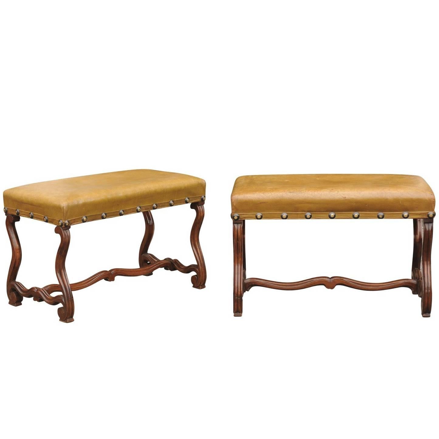 Pair of French Leather Upholstered Mutton Leg Walnut Stools / Benches, Late 19th