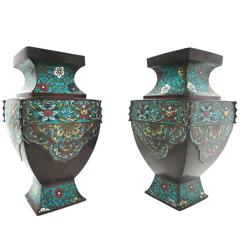 Pair of Antique Asian Bronze Urns with Cloisonné