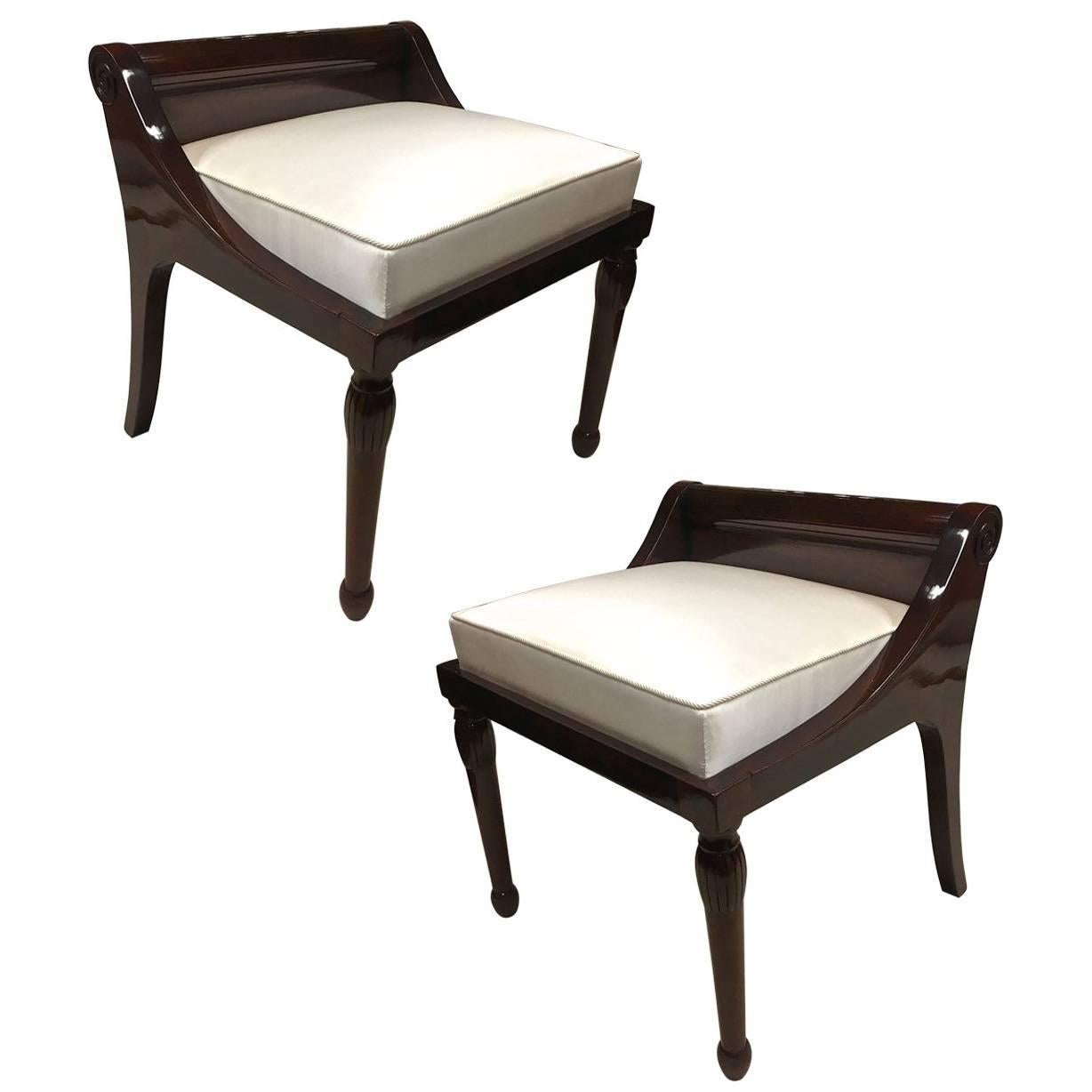 Style of Andre Arbus Pair of Neoclassic Solid Rosewood Stool Covered in Silk For Sale