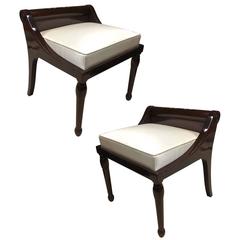 Style of Andre Arbus Pair of Neoclassic Solid Rosewood Stool Covered in Silk