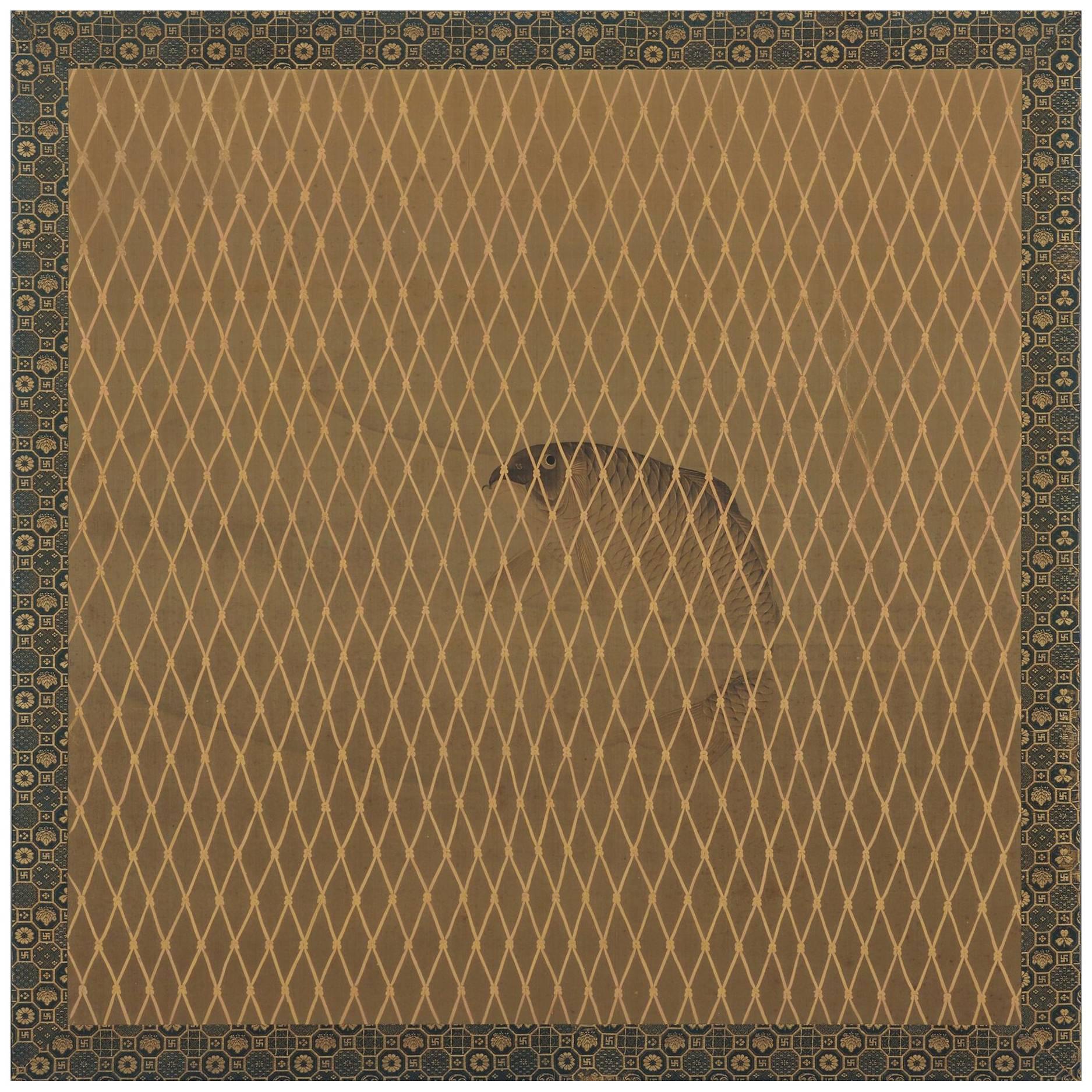 Kunii Oyo ‘Carp under Netting’ 1894, Framed Japanese Panel