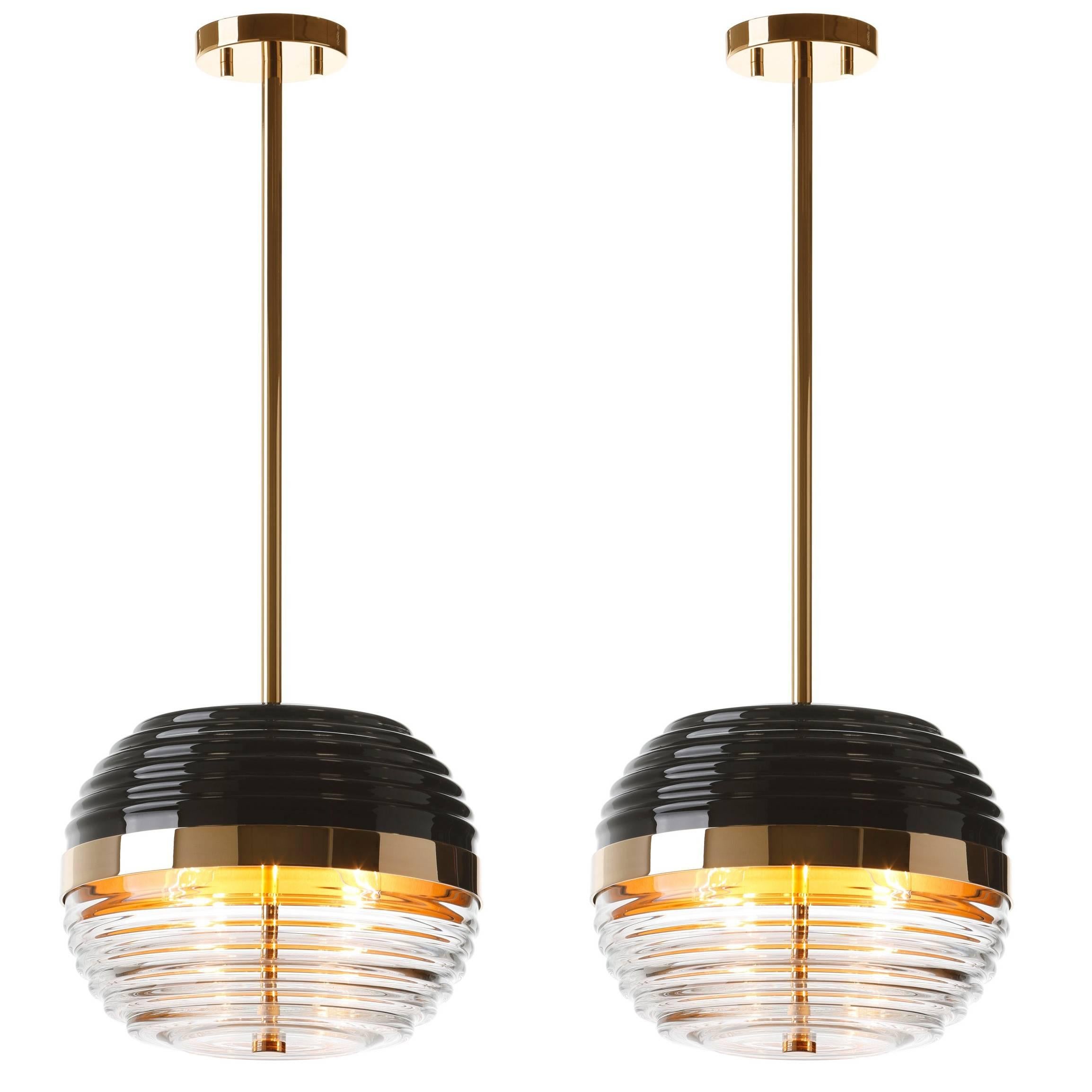 Pair of European Modern Art Deco Black, Gold, Glass Round Brando Pendants For Sale
