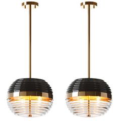 Pair of European Modern Art Deco Black, Gold, Glass Round Brando Pendants 1