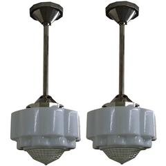Pair of Floral Art Nouveau Chandeliers Opaline Glass Nickel-Plated 2